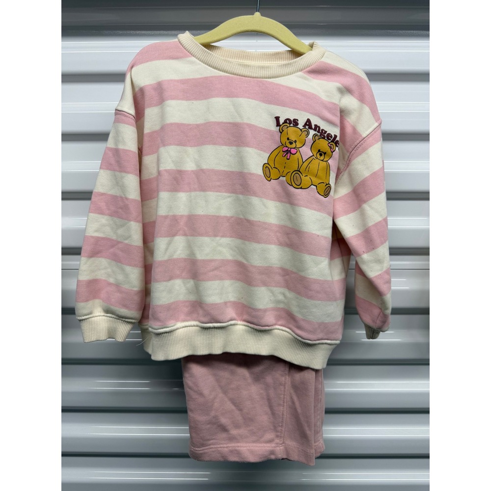 Zara Kids Girls Pink Striped Teddy Bear Sweatshirt and Ribbed Leggings Set 3Y